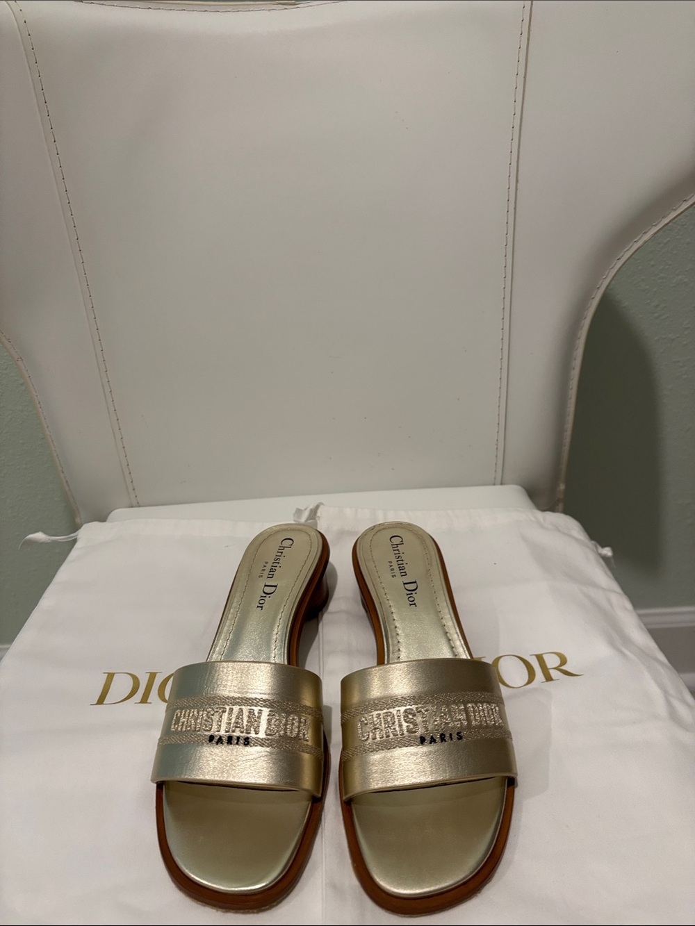 Dior Dway Metallic Gold Embossed Logo Slide Mules